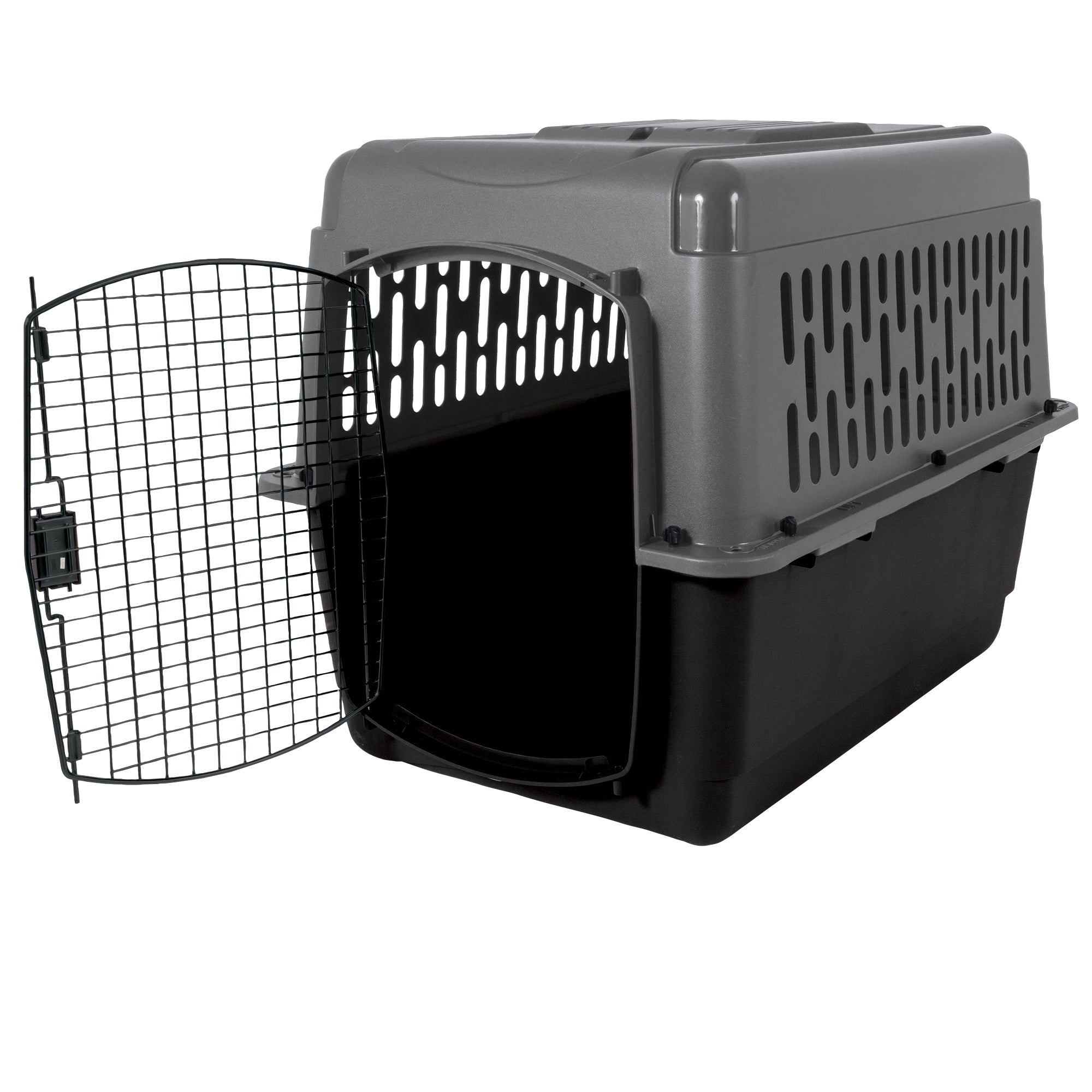 The Aspen Pet Petmate All Purpose Aspen Pet Pet Porter is a black and gray plastic pet carrier with a side-opening metal wire door, ventilation holes for airflow, and an interior designed for comfort; meets many air travel requirements.