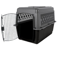The Aspen Pet Petmate All Purpose Aspen Pet Pet Porter is a black and gray plastic pet carrier with a side-opening metal wire door, ventilation holes for airflow, and an interior designed for comfort; meets many air travel requirements.