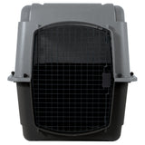 The Aspen Pet Petmate All Purpose Pet Porter is a large, hard-sided gray and black carrier with a secure metal wire door. Designed to meet air travel requirements, it ensures your pet’s safety and comfort during transport.