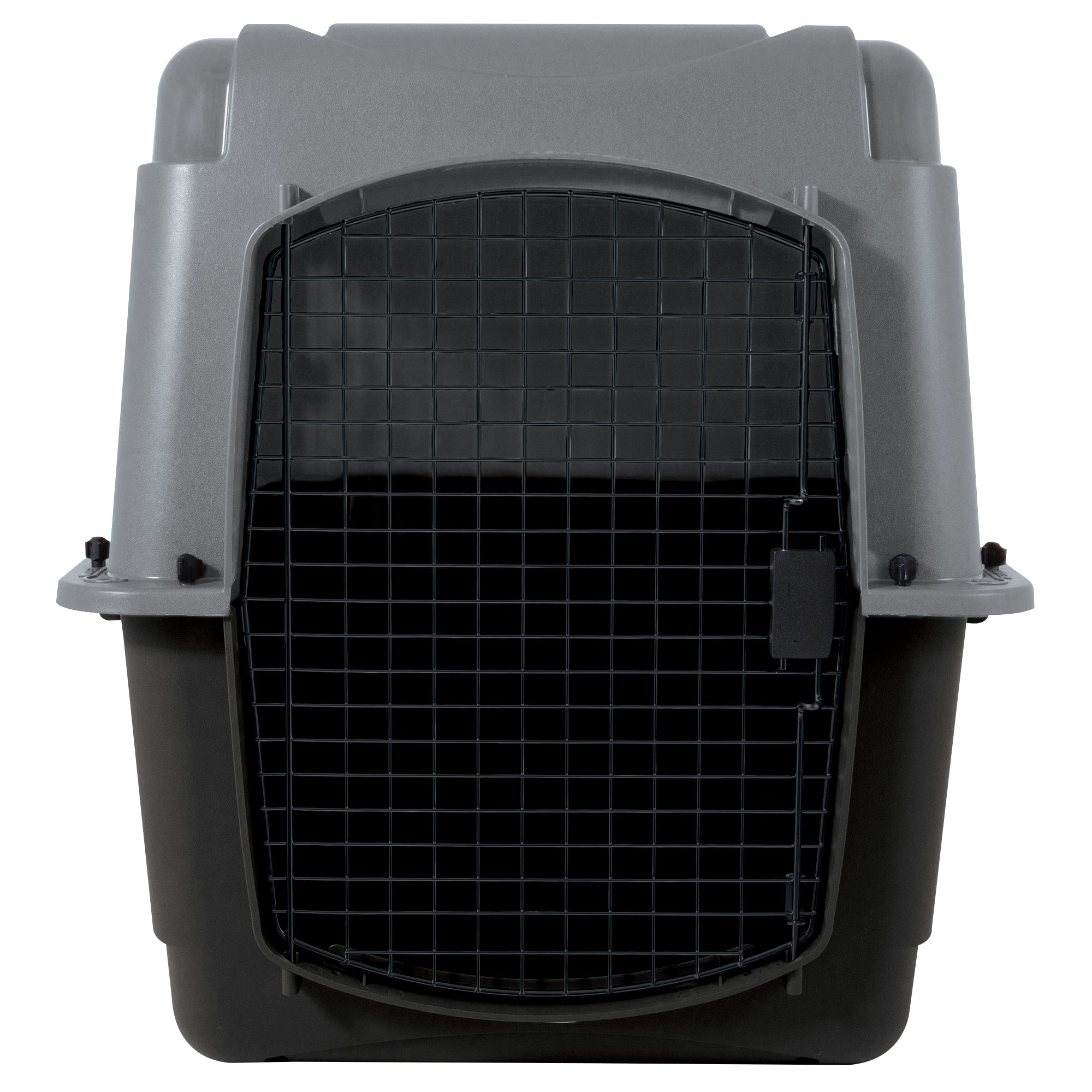 The Aspen Pet Petmate All Purpose Pet Porter is a large, hard-sided gray and black carrier with a secure metal wire door. Designed to meet air travel requirements, it ensures your pet’s safety and comfort during transport.