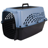 The Petmate E-Z Load Two Door Dog & Cat Kennel features a blue and black design, metal front door, top handle, side ventilation holes, and is made from EcoTEC Plastic. The open door showcases its spacious interior.