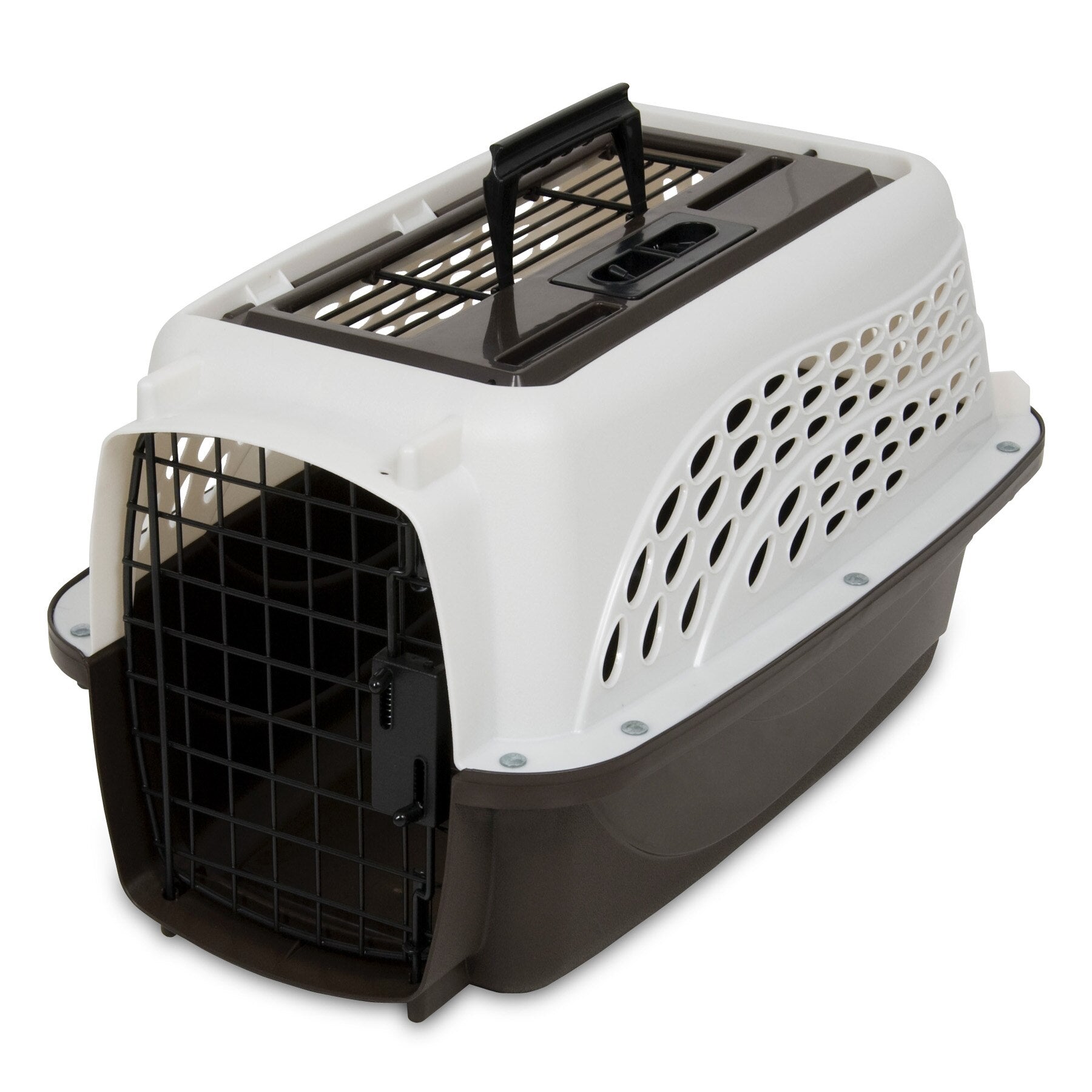 The Petmate E-Z Load Two Door Dog & Cat Kennel by Petmate features a brown base, white top with ventilation holes, a sturdy black handle, and a secure black metal door—ideal for safe pet travel.