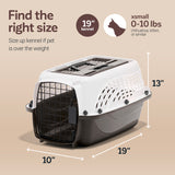 The Petmate E-Z Load Two Door Dog & Cat Kennel is a small carrier (19x10x13 in) with a black metal door and white top, ideal for pets up to 10 lbs like chihuahuas or kittens. Consider sizing up for heavier pets.