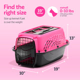 The Petmate E-Z Load Two Door Dog & Cat Kennel by Petmate, shown in pink and black with a front metal gate (19L x 10W x 13H), is ideal for extra small pets 0–10 lbs like chihuahuas or kittens. Displayed on a pink background.