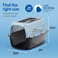 The blue and black Petmate E-Z Load Two Door Dog & Cat Kennel, sized 24L x 16.8W x 14.5H, has a top handle, ventilation holes, and EcoTEC Plastic. Ideal for small pets like cats or Pomeranians weighing 10–15 lbs.