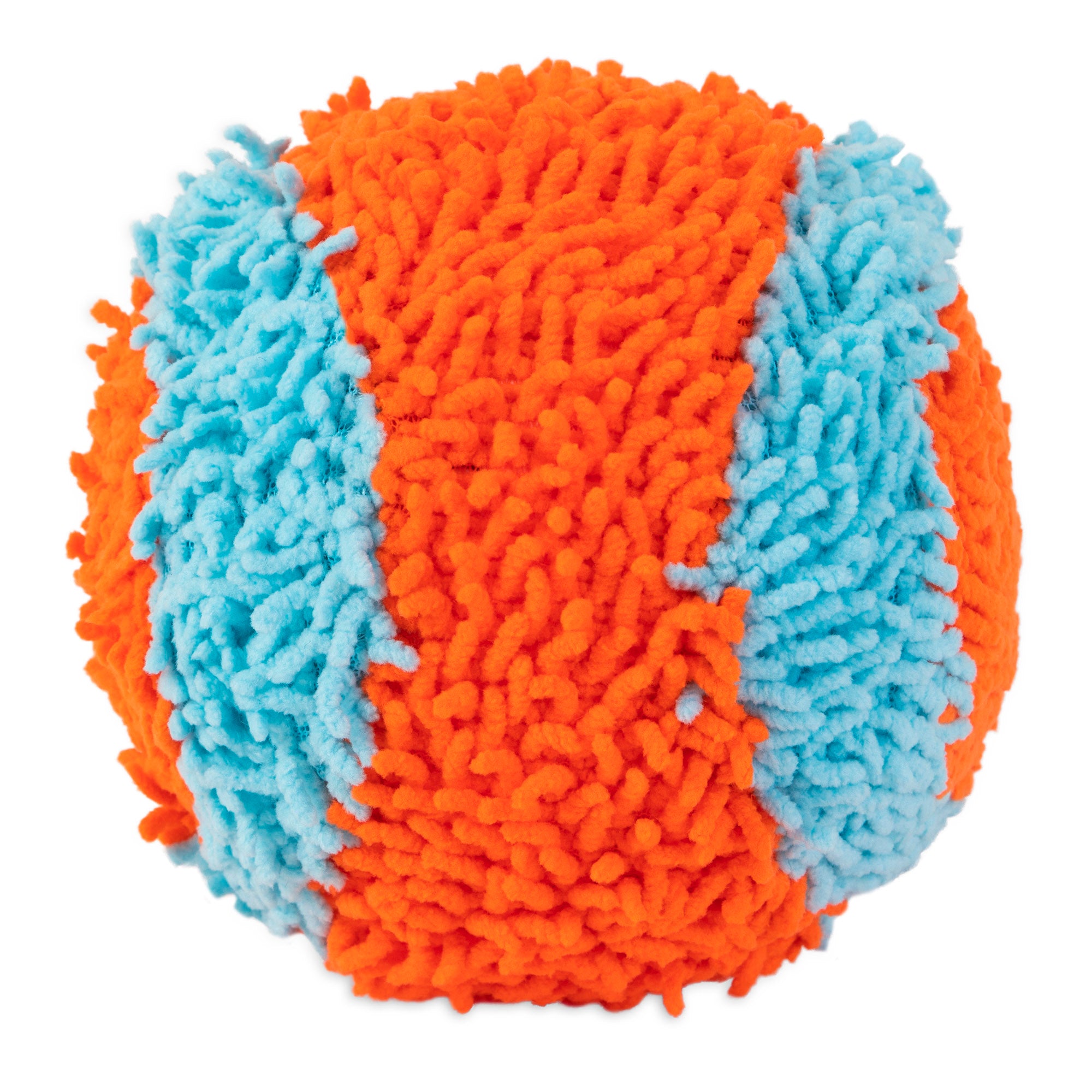 The Chuckit! Indoor Ball from Chuckit features orange and light blue textured stripes, like a fluffy pom-pom, perfect for indoor or outdoor use with the Chuckit! Launcher for endless fun.