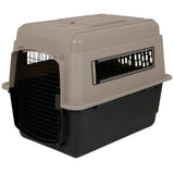 The Petmate Traveler - Ultra Vari Kennel by Petmate features a black base, tan top, metal wire front door, and side ventilation panels for safe and durable pet transport.