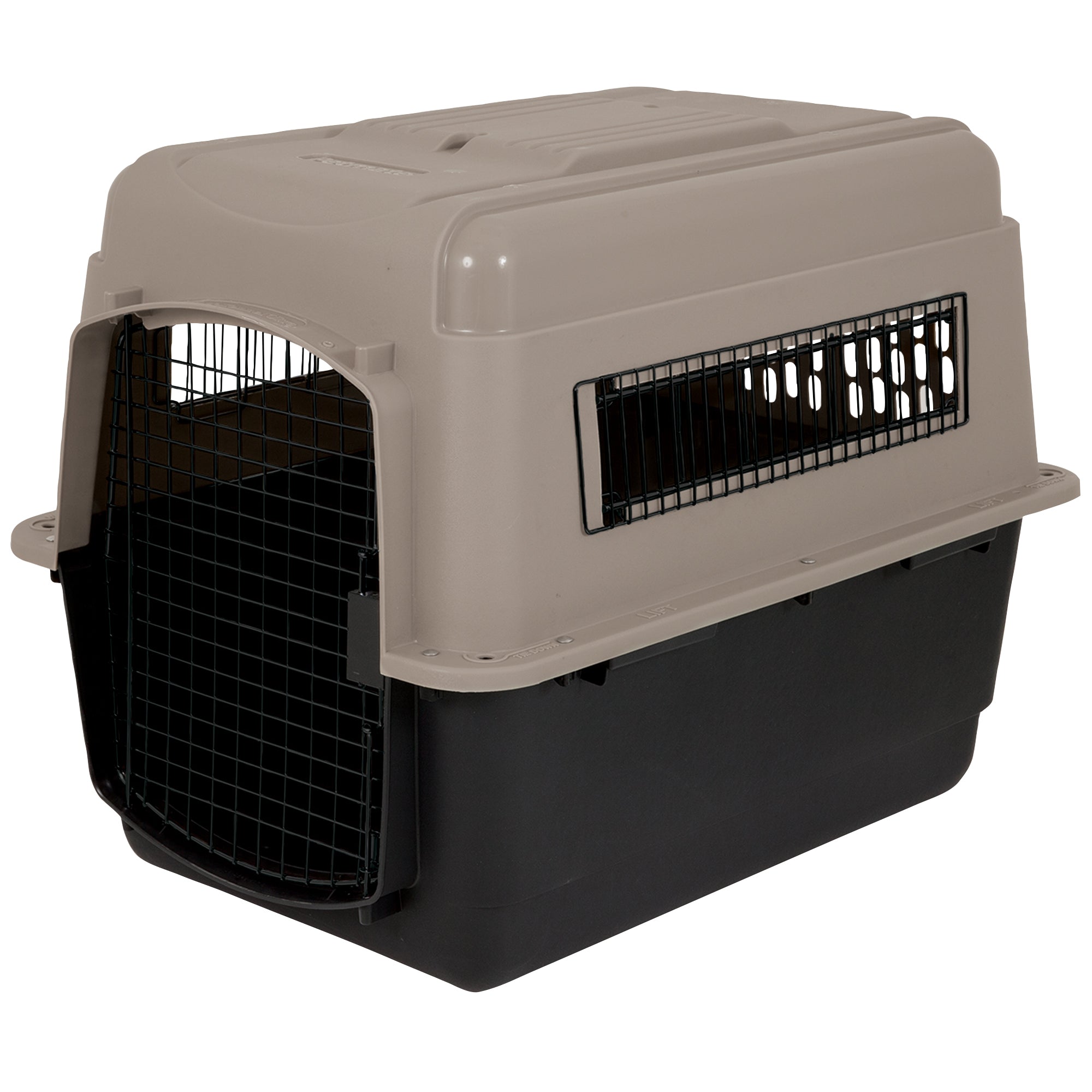 The Petmate Traveler - Ultra Vari Kennel by Petmate features a black base, tan top, metal wire front door, and side ventilation panels for safe and durable pet transport.