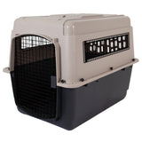 The Petmate Traveler - Ultra Vari Kennel by Petmate features a black bottom, beige top, wire mesh front door, and side ventilation panels for durable and safe animal transport.