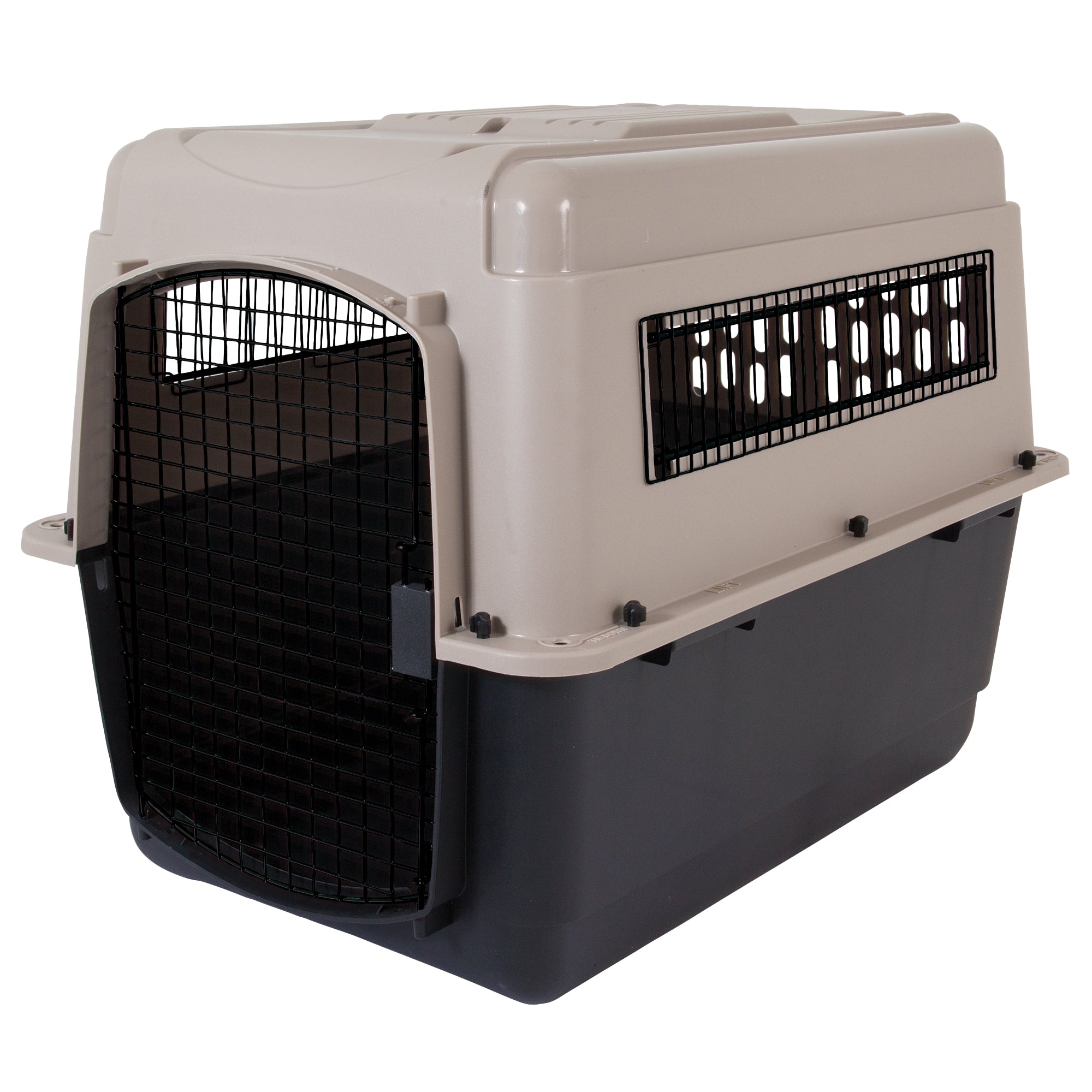 The Petmate Traveler - Ultra Vari Kennel by Petmate features a black bottom, beige top, wire mesh front door, and side ventilation panels for durable and safe animal transport.