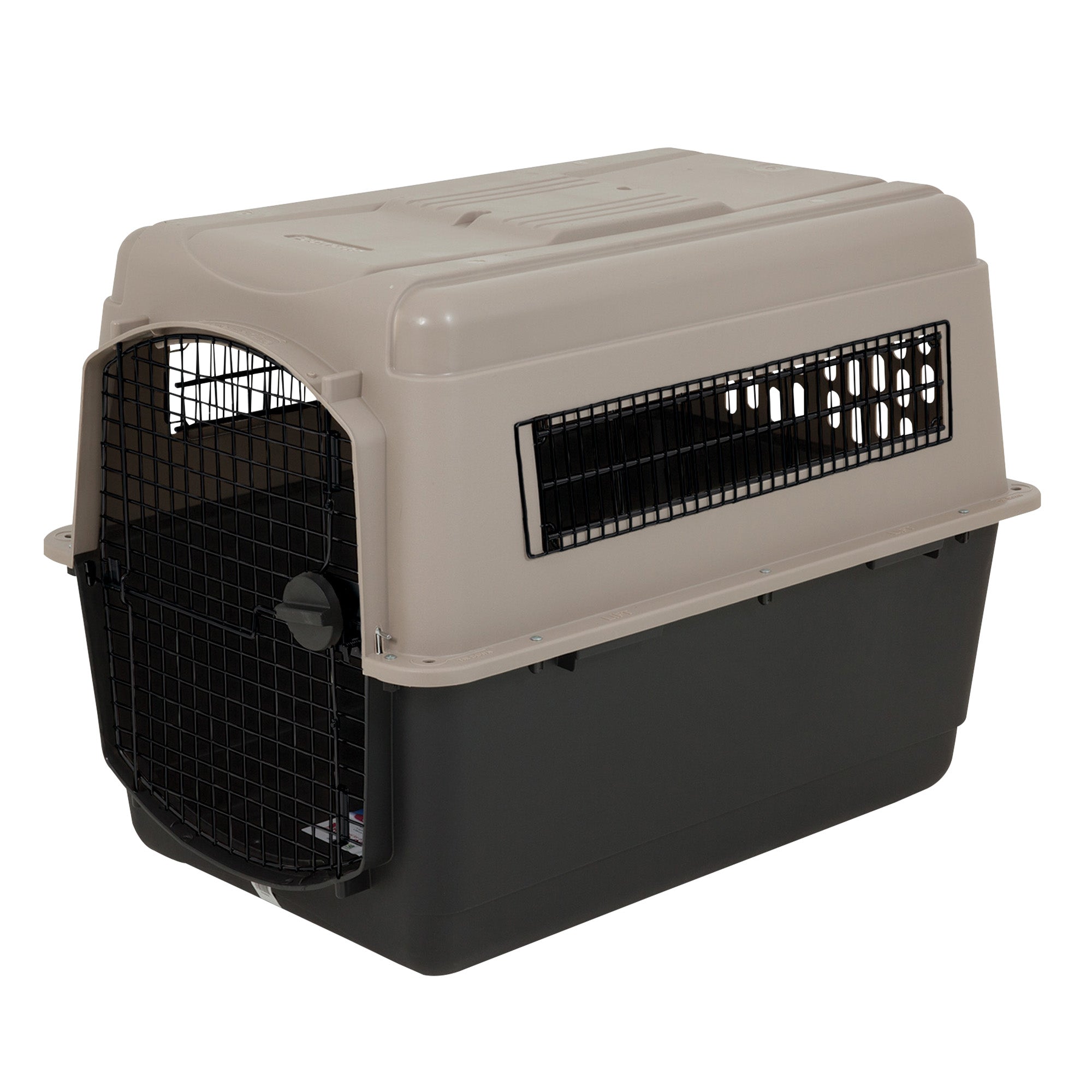 The Petmate Traveler - Ultra Vari Kennel by Petmate features a black bottom, beige top, wire door, and side ventilation windows, making it a durable and safe carrier for transporting cats or small dogs.