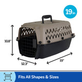 The Petmate All Purpose Kennel - Vari, from Petmate, is a tan and black pet carrier (19 x 12.3 x 10.8) with a metal door, sturdy top handle, and meets many air travel requirements for pets of all shapes and sizes.