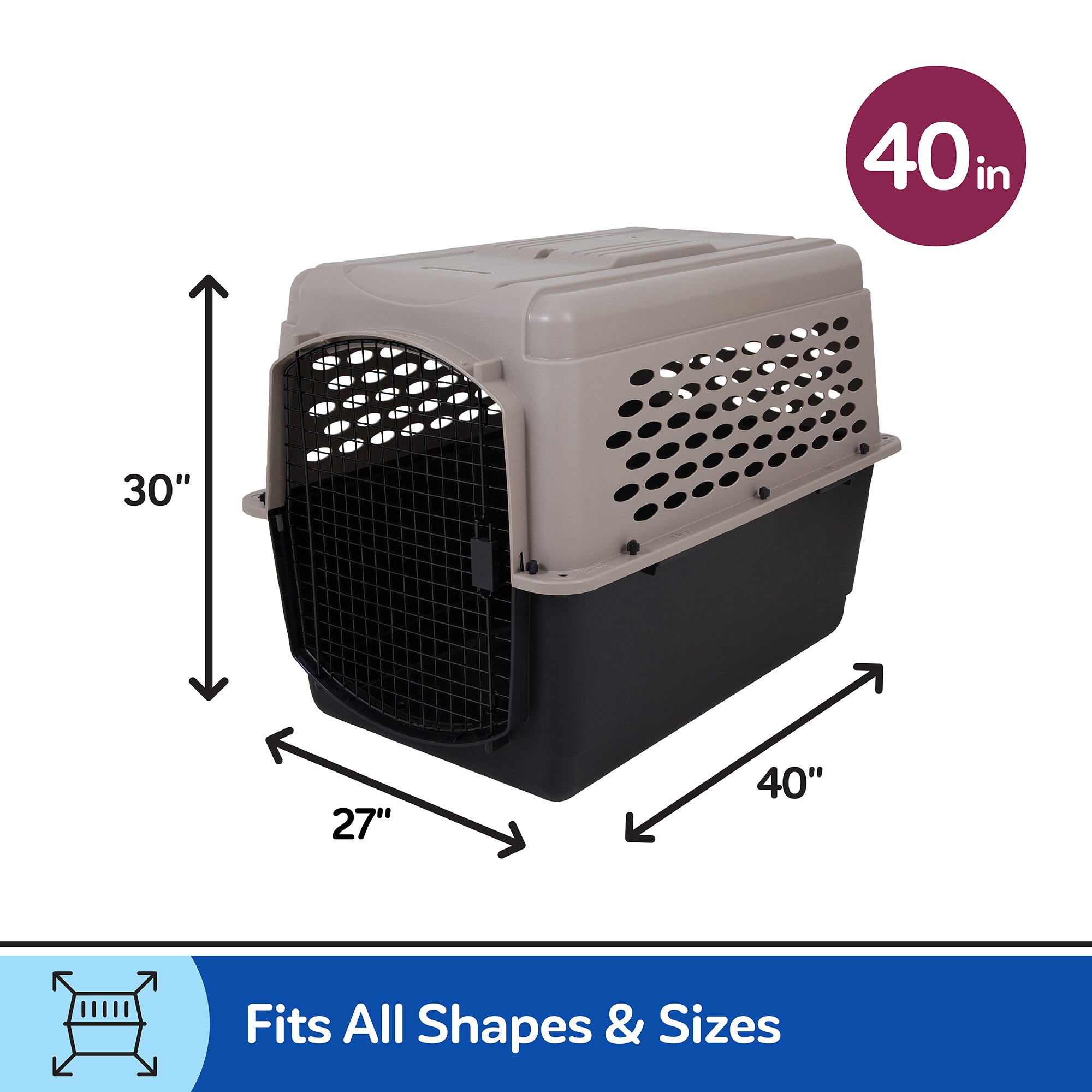 The Petmate All Purpose Kennel - Vari (40x27x30) by Petmate features a gray top, black base, metal door, and ventilation—perfect for housebreaking or most air travel. Fits All Shapes & Sizes appears at the bottom.