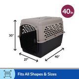 The Petmate All Purpose Kennel - Vari (40x27x30) by Petmate features a gray top, black base, metal door, and ventilation—perfect for housebreaking or most air travel. Fits All Shapes & Sizes appears at the bottom.