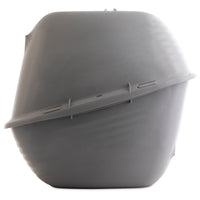 A large, gray, dome-shaped plastic structure resembling an Arm & Hammer Hooded Wave Litter Box is shown against a white background. It features antimicrobial protection, a ridged exterior, and small ventilation slits for odor control.