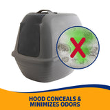 Set against a white backdrop, the Arm & Hammer Hooded Wave Litter Box in gray features an odor-concealing hood. A circular graphic with a green odor and red X illustrates its odor control, while antimicrobial protection is highlighted on a blue and orange banner below.