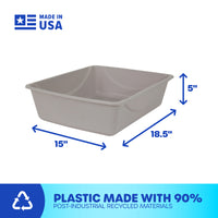 The Petmate Basic Litter Box by Petmate is a gray plastic storage bin measuring 15 W x 18.5 L x 5 H, crafted in the USA from EcoTech™ resin with 90% post-industrial recycled materials, and displays a recycling symbol.