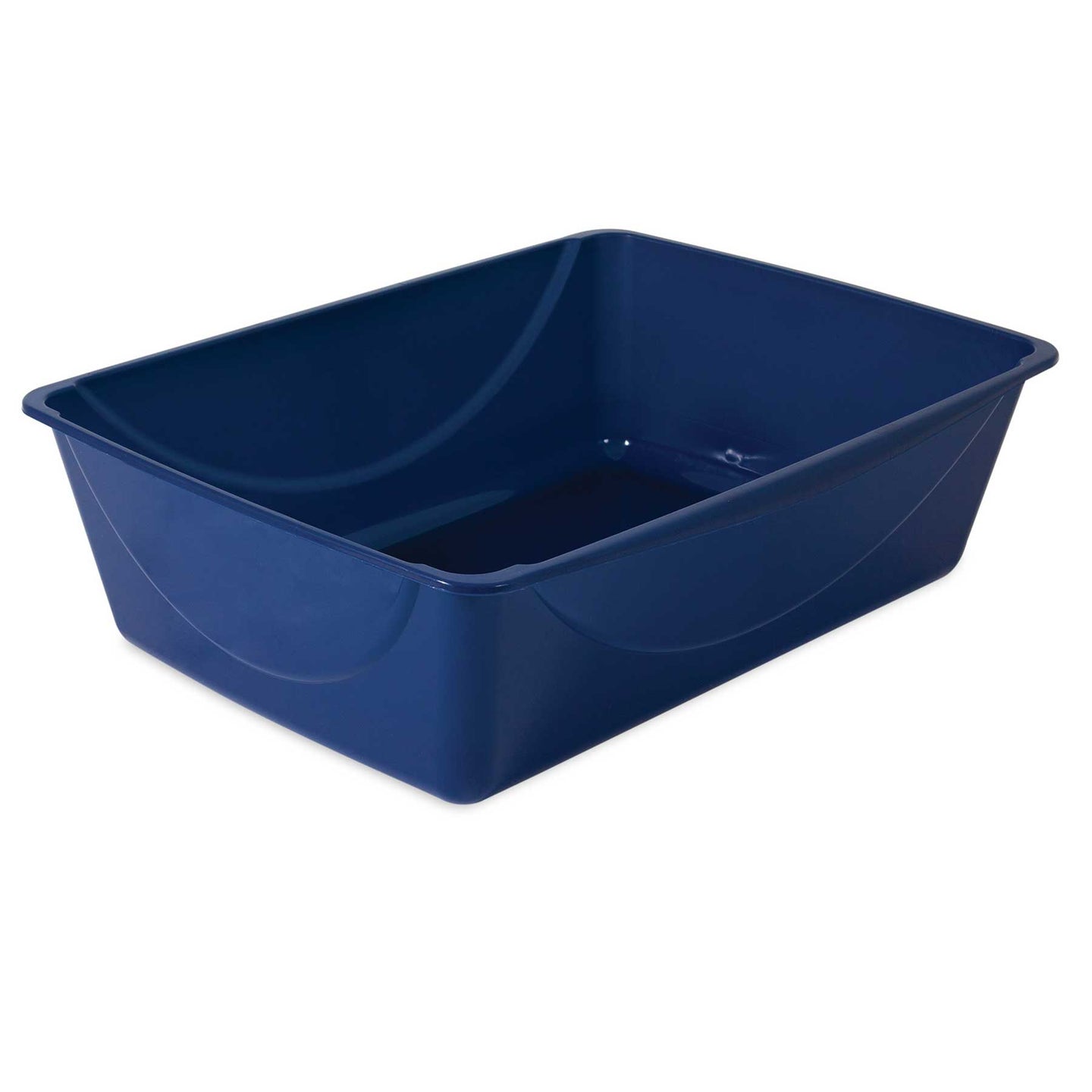 The Petmate Basic Litter Box by Petmate is a deep blue rectangular plastic bin crafted with EcoTech™ resin, featuring smooth edges and slightly curved sides, all set against a white background.