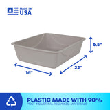 The Petmate Basic Litter Box, from the brand Petmate, is a beige rectangular container measuring 22 x 16 x 6.5. Made in the USA using EcoTech™ resin with 90% post-industrial recycled materials, it features an open-top design with a recycling symbol on the bottom left corner.