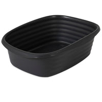 The Arm & Hammer SimplyRecycled Wave Litter Box is a large, rectangular black wash basin made from recycled plastic. It has ribbed sides, a smooth interior, rounded edges, and a flat bottom, making it ideal for sustainable water or materials storage.