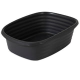 The Arm & Hammer SimplyRecycled Wave Litter Box is a large, rectangular black wash basin made from recycled plastic. It has ribbed sides, a smooth interior, rounded edges, and a flat bottom, making it ideal for sustainable water or materials storage.