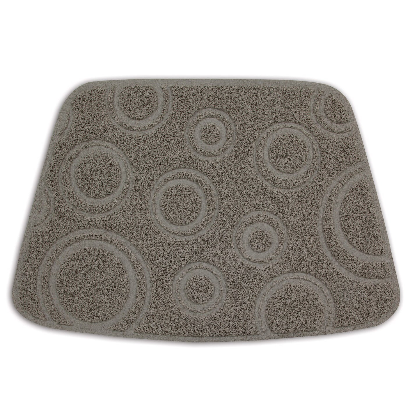 The Petmate Litter Mat Circles Design by Petmate is a light gray rectangular mat with rounded corners and features a stylish webbed pattern of overlapping circles. Made from rubberized material, it combines practicality with its textured surface, making it an ideal litter mat.
