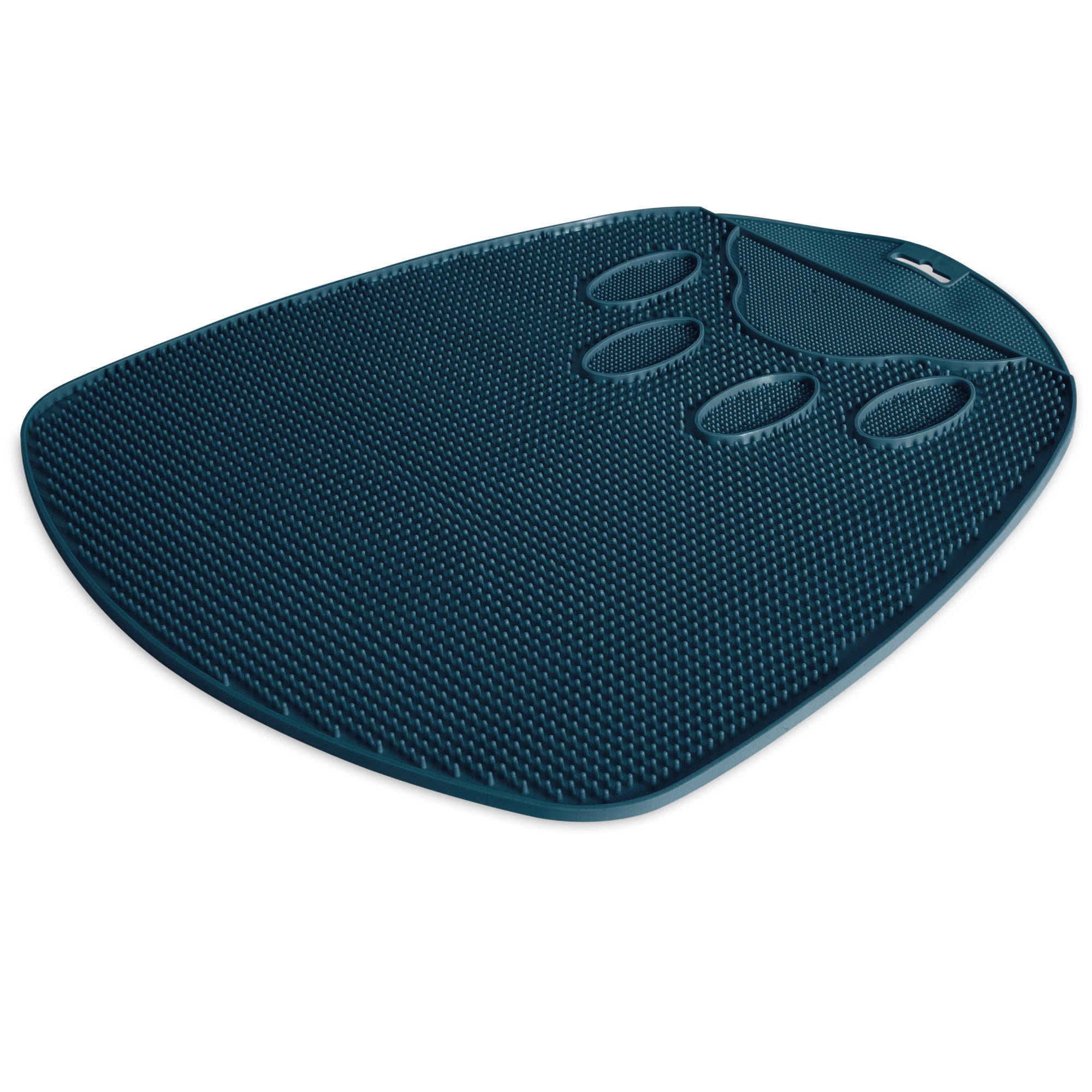 The Petmate Flexible Litter Mat by Petmate is a dark teal, wedge-shaped anti-fatigue mat with a textured surface and four raised oval sections. It offers ergonomic standing support and doubles as a mat to catch litter scatter, keeping your cats litter area tidy.