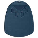 The dark blue Petmate Flexible Litter Mat, shaped like a paw, features multiple textured surfaces and suction cups. It engages pets during mealtime or bath time, reducing stress and adding fun when used with your cats litter pan.