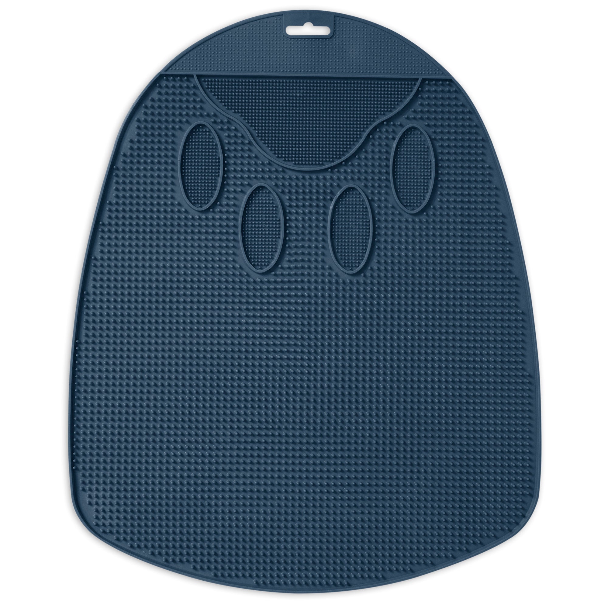 The dark blue Petmate Flexible Litter Mat, shaped like a paw, features multiple textured surfaces and suction cups. It engages pets during mealtime or bath time, reducing stress and adding fun when used with your cats litter pan.