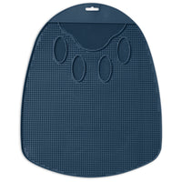 The dark blue Petmate Flexible Litter Mat, shaped like a paw, features multiple textured surfaces and suction cups. It engages pets during mealtime or bath time, reducing stress and adding fun when used with your cats litter pan.