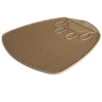 The Petmate Flexible Litter Mat by Petmate is a triangular, brown, textured anti-fatigue mat that massages feet and relieves pressure, while capturing scatter around your cats litter pan with its raised patterns.
