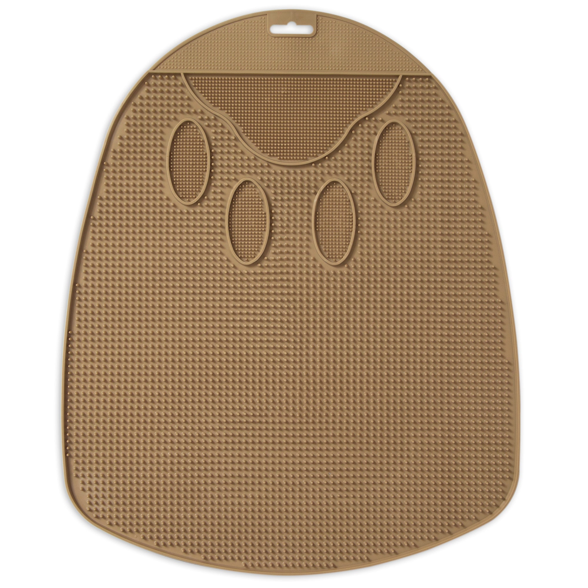 The Petmate Flexible Litter Mat, by Petmate, is a brown silicone mat with a paw-shaped design, featuring a textured surface with grooves and bumps for spreading treats. It includes a hole for hanging and can also catch litter scatter from your cats litter pan.