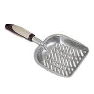 The Petmate Metal Litter Scoop by Petmate is crafted from heavy-duty aluminum with a slotted design. It includes a black and beige ergonomic handle for comfort and is slightly curved to sift litter effectively.