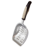 The Petmate Metal Litter Scoop by Petmate features a durable aluminum build and an ergonomic black and beige rubber handle for comfort. Its slits are designed for effective litter sifting.