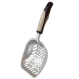 The Petmate Metal Litter Scoop by Petmate features a durable aluminum build and an ergonomic black and beige rubber handle for comfort. Its slits are designed for effective litter sifting.