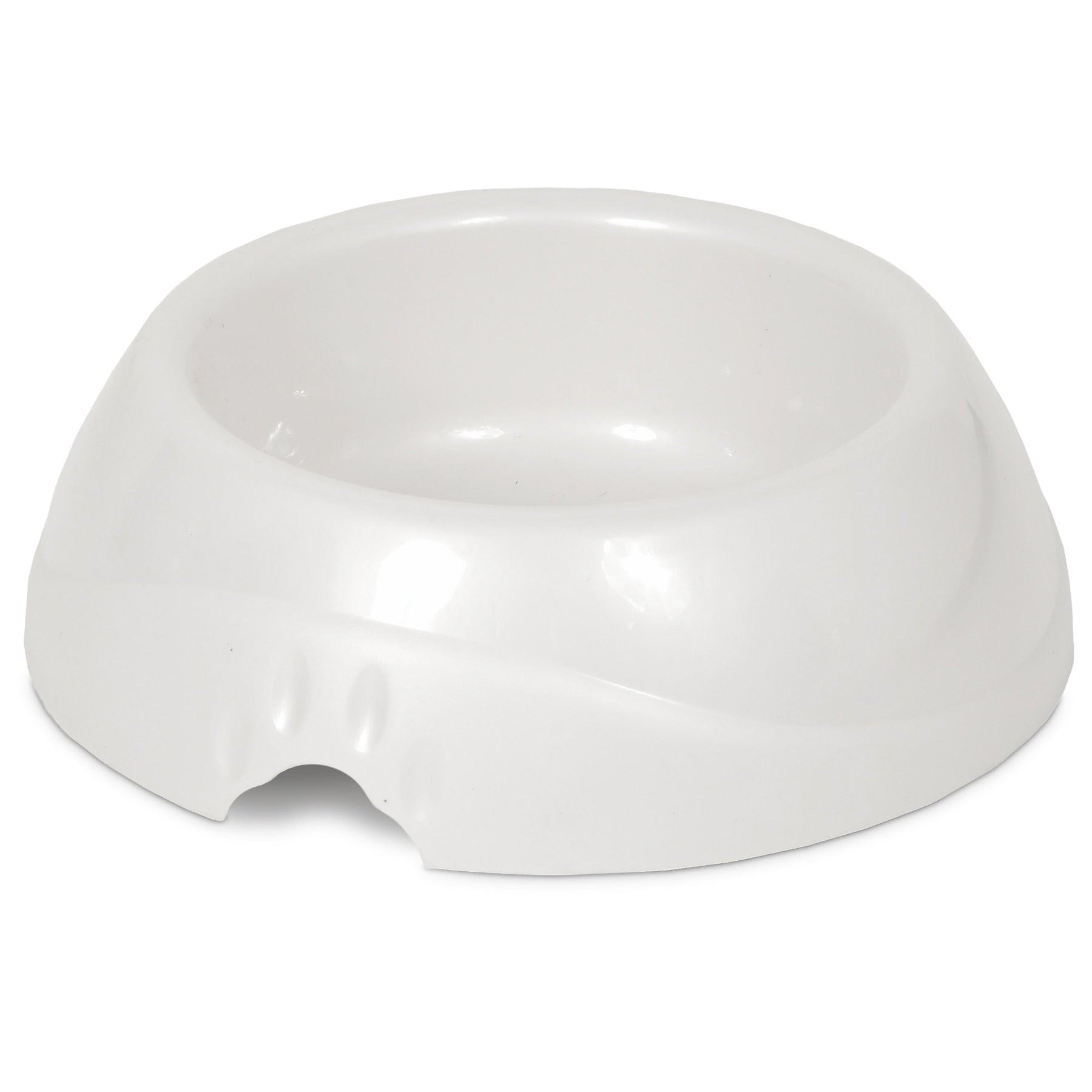 The Petmate Ultra Lightweight Bowl by Petmate is a sleek, modern white pet bowl with a wide base. Its lightweight design features a smooth, glossy finish that reflects light beautifully and includes a small notch for easy handling.