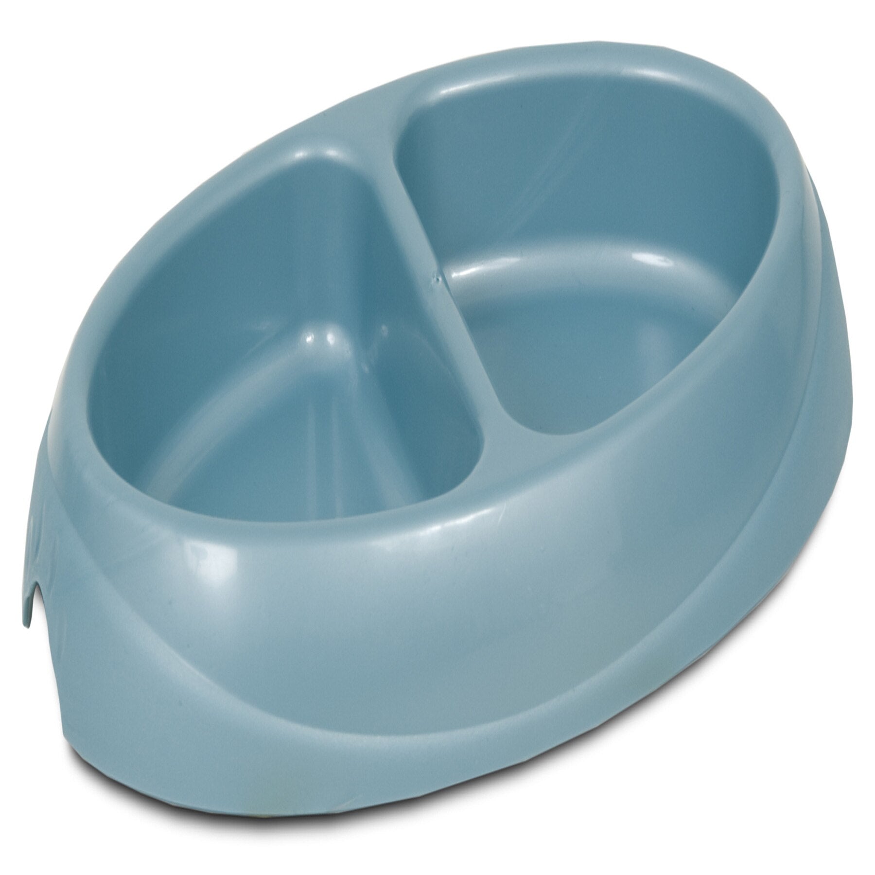 The Petmate Ultra Lightweight Double Diner, by Petmate, is a light blue, oval plastic dish with Microban antimicrobial technology. It features two compartments, ideal for serving your pet food and water.