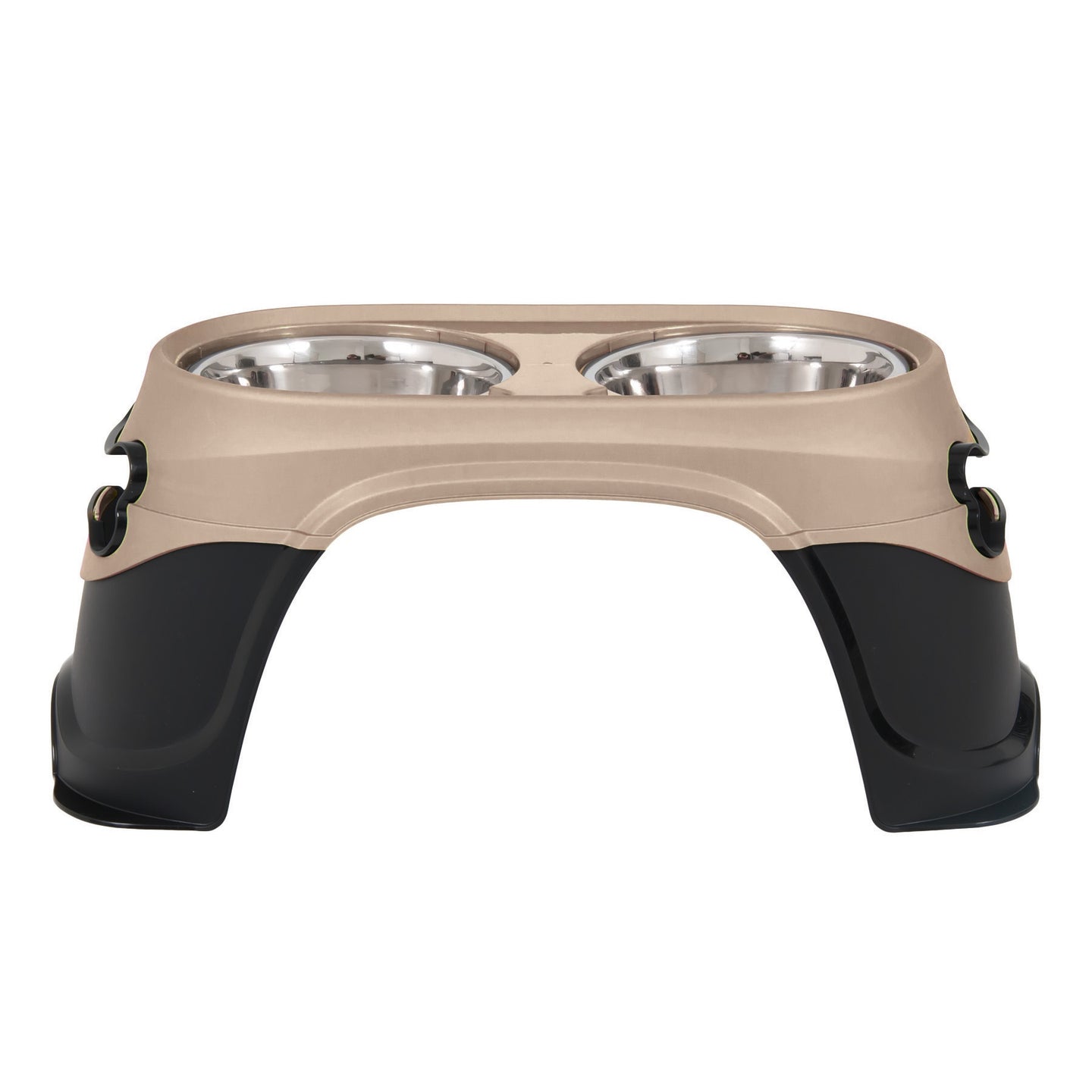 The Petmate Easy Reach Diner by Petmate features an elevated beige and black plastic stand with two stainless steel bowls, promoting better digestion and comfortable feeding for dogs or cats, especially large breeds.