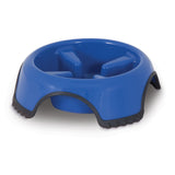 The Aspen Pet Skid Stop Slow Feeder Dog Bowl, in blue plastic, has raised barriers to slow your dogs eating and features black rubber grips on the bottom edges to prevent sliding.