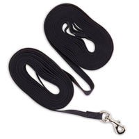 The Aspen Pet Cotton Training Dog Lead, a black coiled leash with a metal clasp, is neatly arranged on a white background. Recommended by trainers, this durable leash from Aspen Pet is perfect for effective pet training.