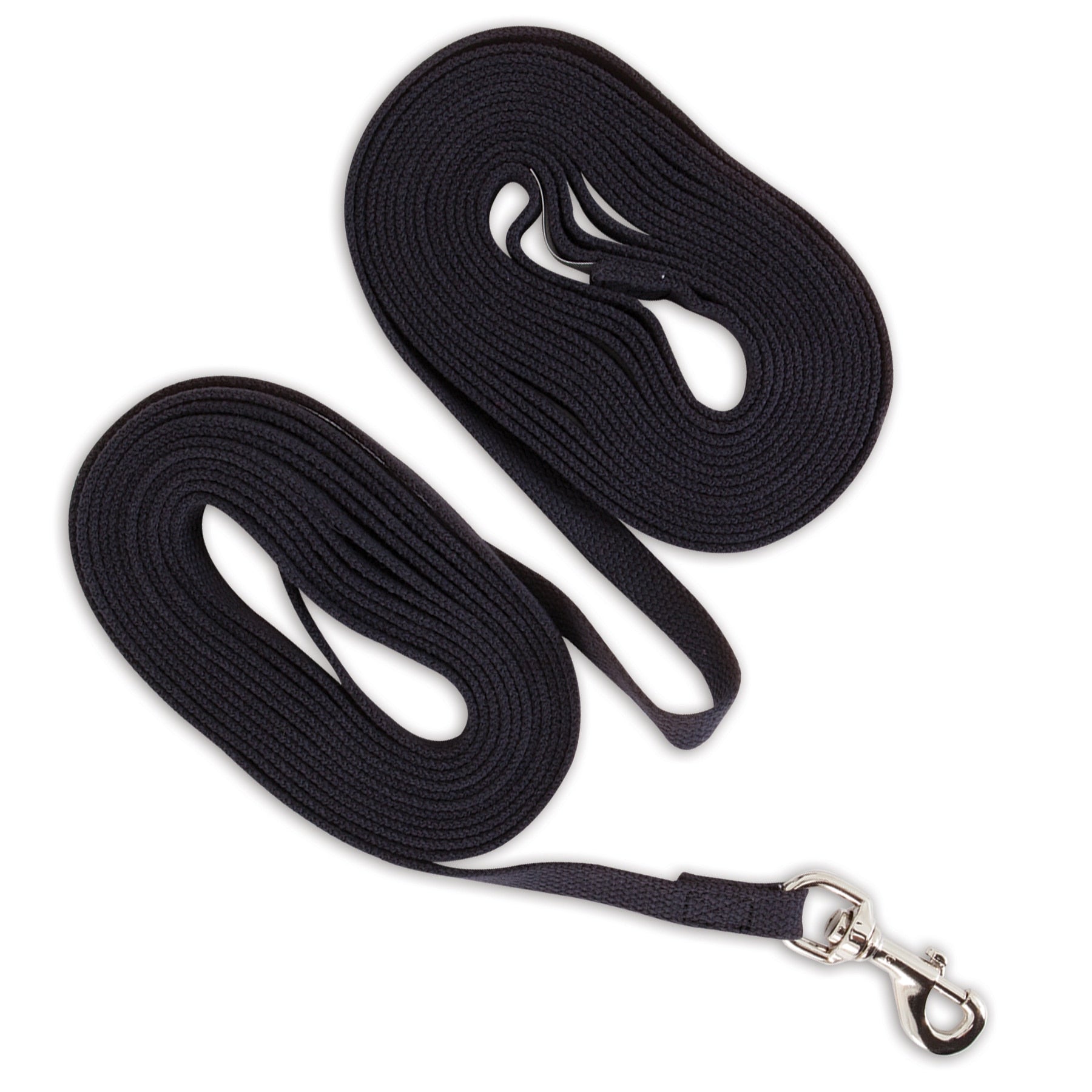 The Aspen Pet Cotton Training Dog Lead, a black coiled leash with a metal clasp, is neatly arranged on a white background. Recommended by trainers, this durable leash from Aspen Pet is perfect for effective pet training.