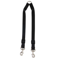 The Aspen Pets Petmate Take Two Nylon Coupler Dog Leash is a black nylon leash with two metal swivel clips and a sturdy center ring, ideal for easily walking two dogs at once.