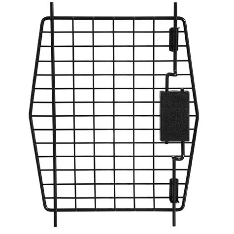 The 21 Ultra Vari Kennel Replacement Door by Petmate is a black metal hexagonal grid with vertical and horizontal bars, featuring a right-side latch mechanism for easy opening and closing.