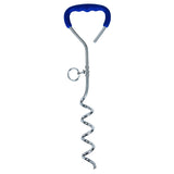 The Aspen Pet Blue Easyturn 18-inch Dog Tie-Out Containment System includes a metal spiral ground anchor with a T-shaped handle and circular ring for stability, making it ideal for secure anchoring in various terrains.