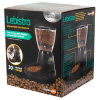 The Aspen Pet Lebistro Programmable Food Dispenser box highlights its automatic feeder with portion control and 30-pound dry food capacity, aimed at managing pet obesity, alongside images of the sleek dispenser.
