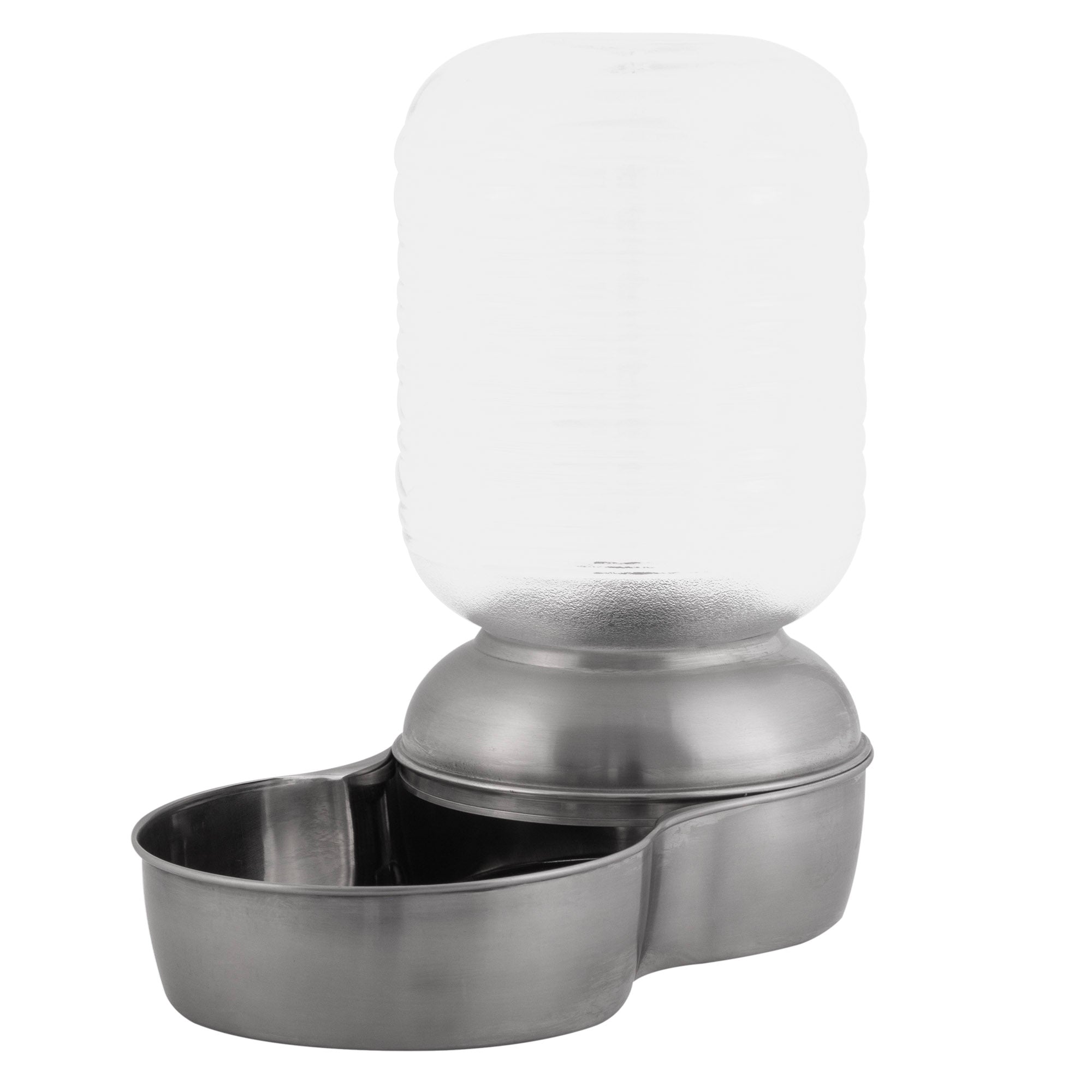 The Petmate Stainless Steel Replendish Waterer 1-Gal is vet-recommended, featuring a clear plastic bottle and stainless steel base to keep your pet hydrated.