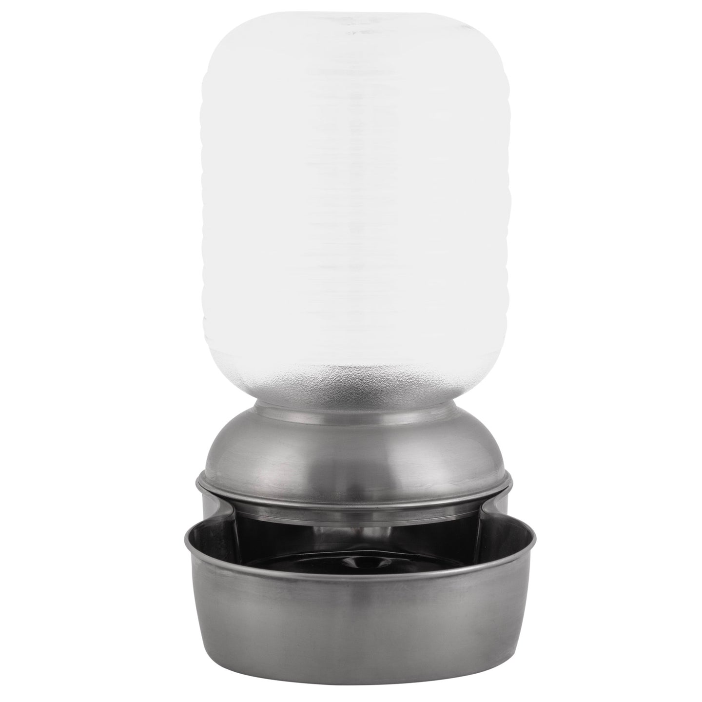 The Petmate Stainless Steel Replendish Waterer 1-Gal, recommended by vets, includes an upside-down large water bottle in a metal dispenser with a stainless steel round base, ideal for keeping your pet hydrated all day.