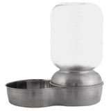 The Petmate Stainless Steel Replendish Waterer 1-Gal features a vet-recommended design with a sleek silver base and an upside-down clear bottle that ensures gravity-fed water release into the side bowl, keeping your pet stylishly hydrated.