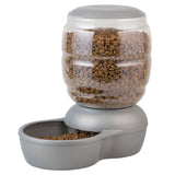 The Petmate Replendish Pet Feeder With Microban by Petmate is a gray, gravity-controlled feeder featuring a transparent, ribbed container filled with brown kibble and an integrated bowl for easy dispensing.