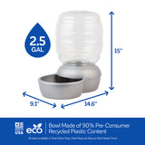 Introducing the Petmate Replendish Pet Waterer with Microban, a transparent 2.5-gallon water dispenser made with recycled plastic. Standing 15 inches tall, its eco-friendly design includes antimicrobial protection, making it practical and sustainable for pet owners.